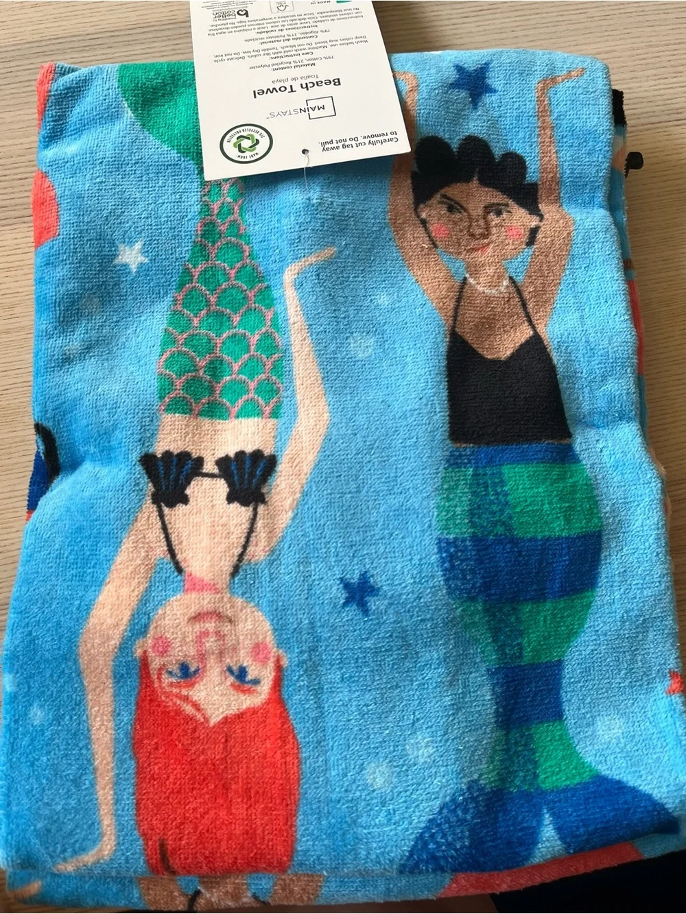 Mainstays Blue Beach Towel with Multicolor Mermaid Tails